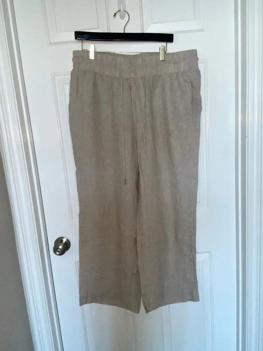 Quince Linen Wide Leg Crop Pants Pull On Elastic Drawstring Waist Oatmeal XL